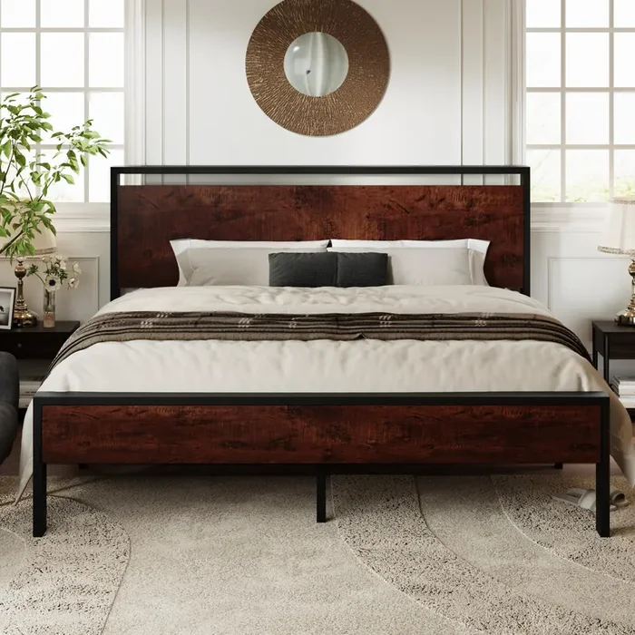 Allewie King Size Heavy Duty Platform Bed Frame with Rustic Wooden Headboard and Footboard