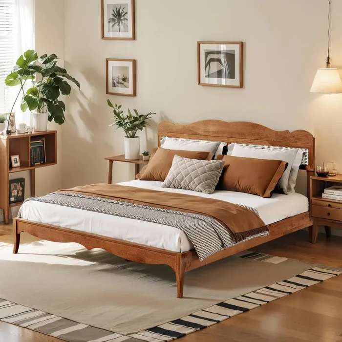 ALPHA HOME King Size Bed Frame with Woven Rattan Headboard, Solid Wood Platform Bed Frame & Reinforced Slats Support, Noiseless & No Box Spring Needed, Easy Assembly
