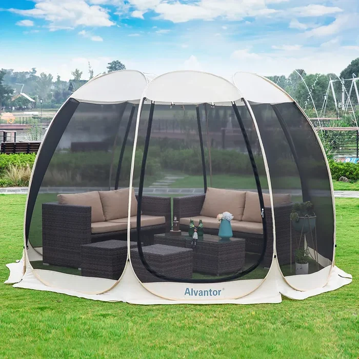 Alvantor Screen House Room Camping Tent Outdoor Canopy Pop Up Sun Shade Hexagon Shelter Mesh Walls Not Waterproof 10’x10′ Beige Patent Pending