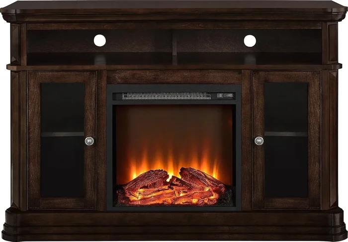 Ameriwood Home Brooklyn Fireplace TV Stand for TVs up to 50 Inch, Replaceable Electric Fireplace Insert Heater, Realistic Log and Flame Effect, For Living Room or Bedroom, Espresso