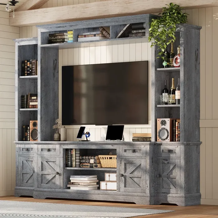 AMERLIFE 98″ Farmhouse Entertainment Center Wall Unit with Bookshelves, Wine Cabinet, Fits 78″ TVs, Large TV Stand with Power Outlets & Barn Door, Rustic Media Console for Living Room, Gray