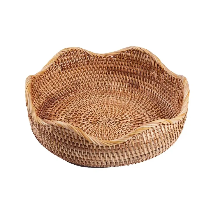 AMOLOLO Handmade Rattan Round Fruit Basket Food Storage Bowls Kitchen Organizer Snack Serving Bowl Wavy Edge Circle Tray Basket, Boho Home Décor Display Tray for Table, Dining Room (Medium 10.2″)