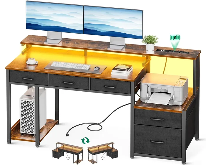 AODK 55 Inch Computer Desk with 3 Drawers and File Cabinet for Storage, Office Desk with Monitor Stand and LED Lights, Home Office Desks, Vintage