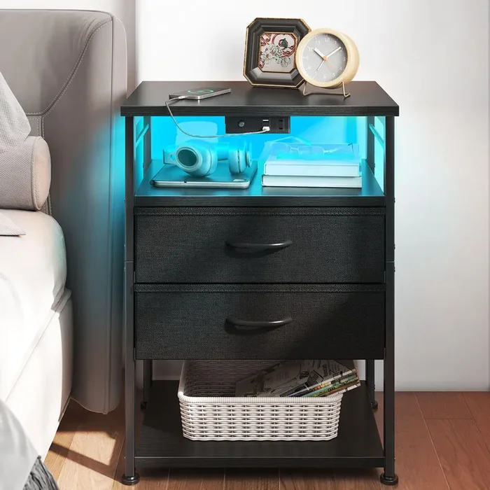 AODK Night Stand with Charging Station, End Table for Bedroom Tall Nightstand with Drawers, Small Nightstand for Bedroom, 4 Tier Storage Bedside Table, Black