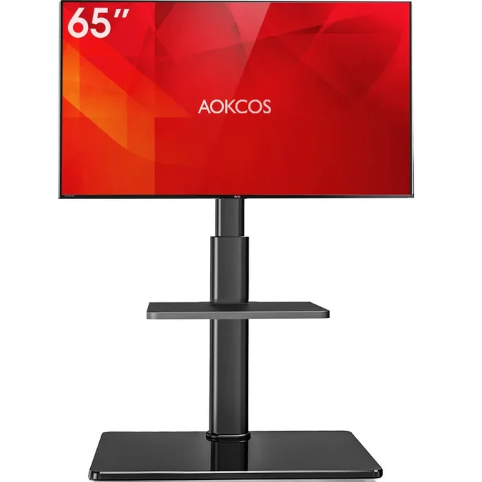 AOKCOS Floor TV Stand with 60-Degree Swivel, TV Floor Stand for 32-65 inch TVs up to 88lbs with Tilt, 8 Level Height Adjustable Tall TV Mount Stand with Shelf, Tempered Glass Base, MAX VESA 400x400mm