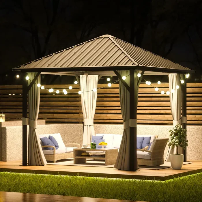 Aoxun 10’x10′ Hardtop Gazebo, Galvanized Steel Outdoor Aluminum Single Top Canopy, Everlasting Metal Gazebo with Netting and Curtains, for Patio, Backyard and Deck