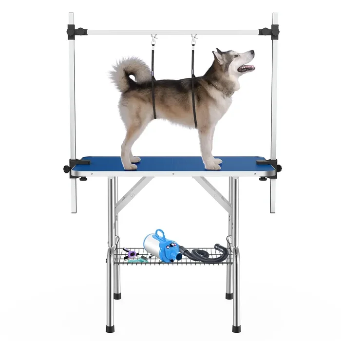 APRILSOUL 42 Inch Pet Grooming Table for Medium Dogs,Adjustable Height,Foldable,Anti-Slip Surface,with Arms, Nooses, Mesh Tray