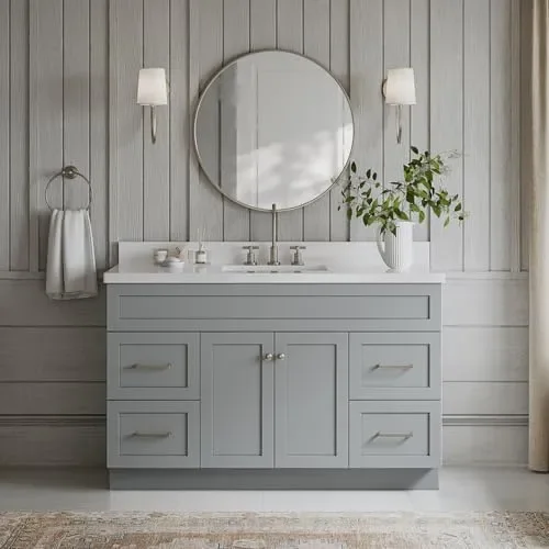 ARIEL 55″ Grey Bathroom Vanity 1.5″ Edge Pure White Quartz Countertop & Splash, Rectangular Sink, 2 Soft Closing Doors, 4 Full Extension Dovetail Drawers, Built in Toe Kick