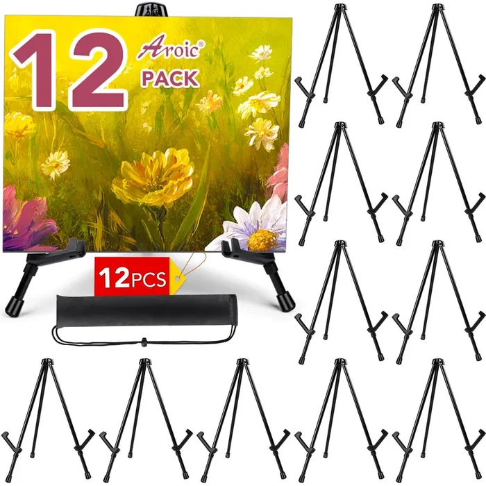 AROIC 14” Tabletop Instant Display Easel, 12 Pack Black Small Steel Portable & Adjustable Collapsible Table Tripod Easels Stand, for Canvas