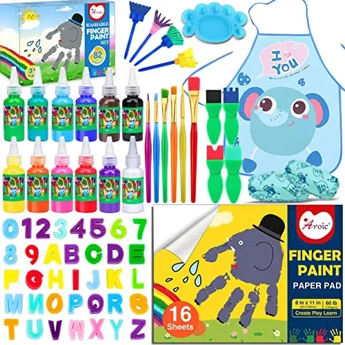 AROIC Washable Finger Paint set, 82 Pack Washable Kids Paint Set with 12 Color Finger Paints, Sponges, Paint Brushes, Waterproof Paint Apron, Palette