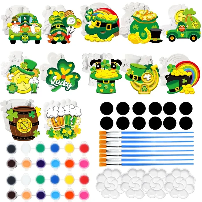 Arrowbash 12 Sets St. Patrick’s Day Plaster Painting Kit Ceramics to Paint Green Shamrock Fridge Magnets DIY Irish Theme Plaster Statue Crafts Unpainted Ceramic Figurines Refrigerator Magnets
