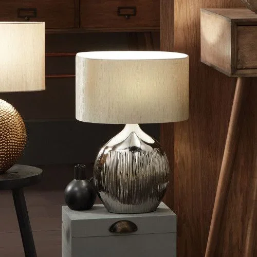 Art Deco Silver Ribbed Ceramic Table Lamp For Living Room Oval Shade
