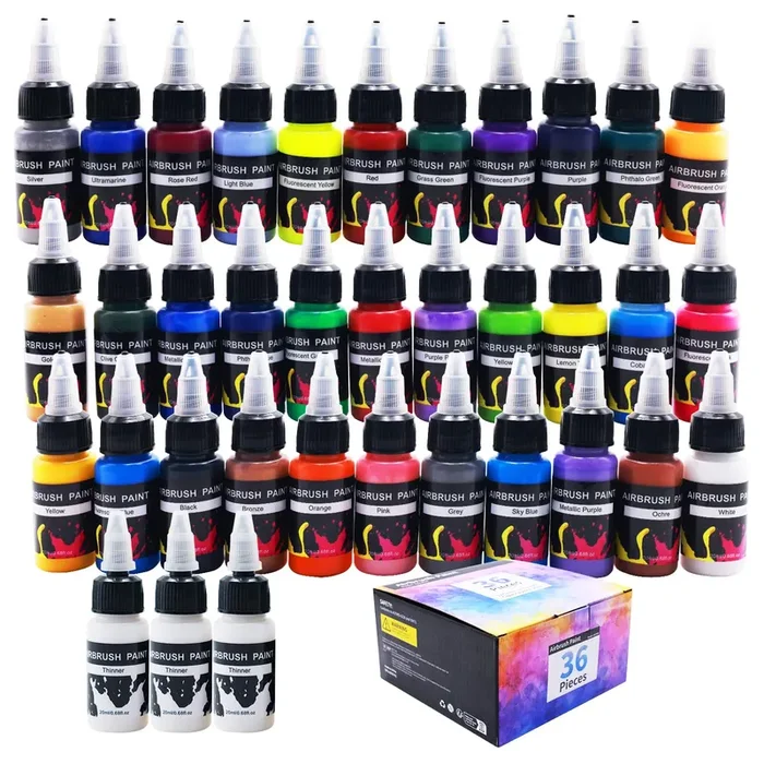 ArtBeek 33 Vibrant Colors Airbrush Paint Set 36 Bottles of Acrylic Paint for Models Crafts Metal Plastic Includes 3 Thinner Bottles for Airbrush Artistry