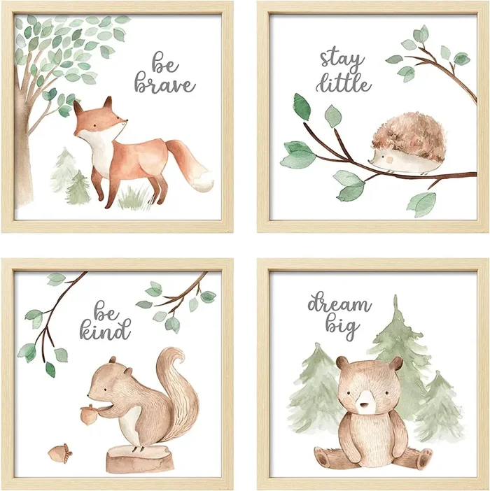 ArtbyHannah Framed Woodland Nursery Cute Wall Decor, 10×10 inch Safari Animals Prints Baby Wall Art with Wood Picture Frames for Kids Playroom Light-Wood Decoration(4 Pack, Fox, Owl, Squirrel, Bear)