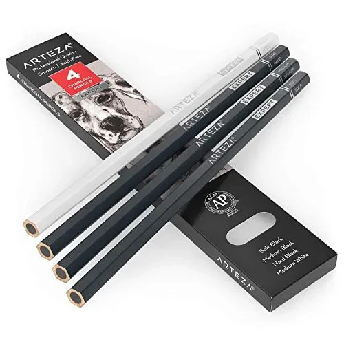 ARTEZA Charcoal Pencil Set, 3 Black Pencils – Soft, Medium, and Hard, and 1 White Pencil – Medium, Art Supplies for Drawing, Sketching & Shading