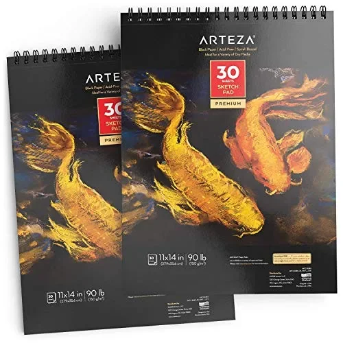 Arteza Spiral-Bound Black Sketch Pad, Heavyweight Paper, 11 X 14 Inches, 90lb/150gsm, 30 Sheets, Pack of 2, for Graphite & Colored Pencils, Charcoal,