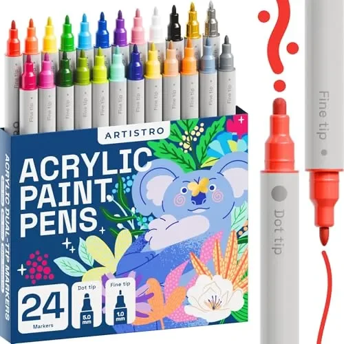 ARTISTRO 24 Acrylic Paint Pens, Acrylic Paint Markers, Fabric Markers for Textile, Canvas, Rock, Glass, Wood, Paper, Pumpkin, DIY, Paint Markers for Kids and Adults (Dual Tip Dot + Fine)