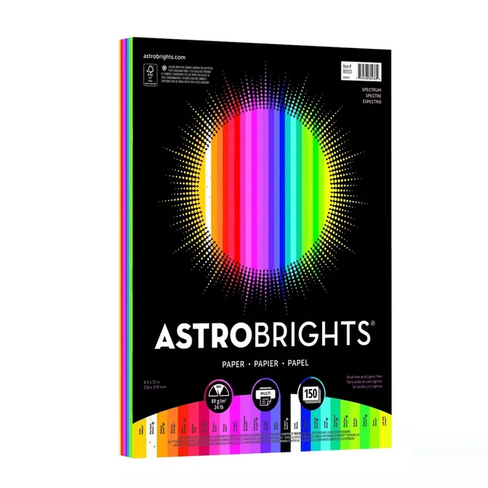 Astrobrights Color Paper, 8.5” x 11”, 24 lb/89 gsm,”Spectrum” 25-Color Assortment, 150 Sheets (80933-01)