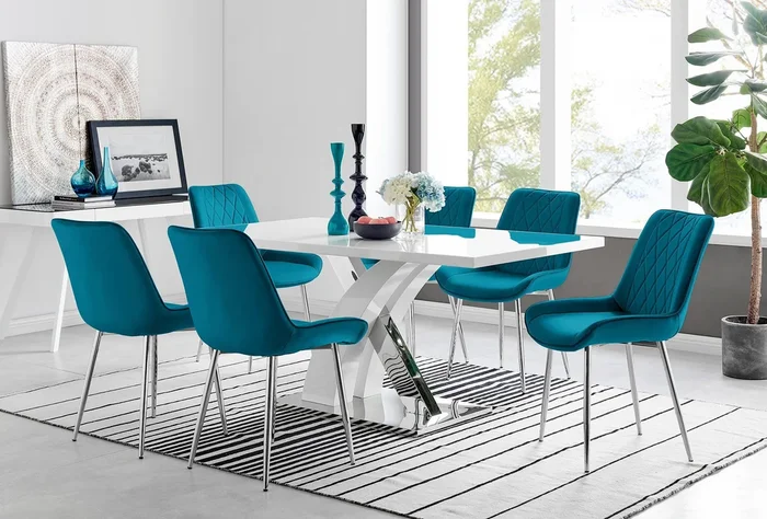 Atlanta 6 White Dining Table and 6 Pesaro Silver Leg Chairs
