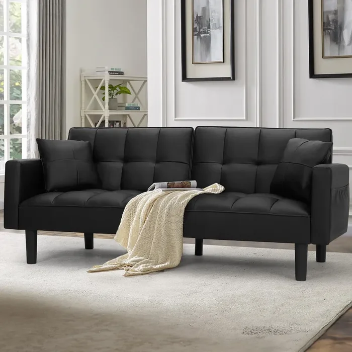 AVAWING Futon Sofa Bed, Modern Leather Convertible Upholstered Sleeper Couch with Adjustable Back, Arms and High Strength Nylon Legs for Living Room, Apartment, Office (Black)