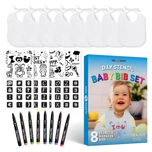Baby Bibs Set – 2 Ply Knit Terry Solid White Feeder Bibs – Kit Includes, 8 Bibs, 8 Fabric Markers, 8 Stencils, – Baby Gifts – Registry For Baby –