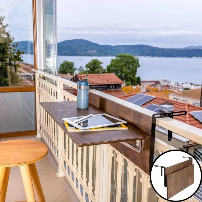 Balcony Bar Table for Railings, Outdoor Folding Deck Rail Table for Patio, Balcony Hanging Desk for Many Railings Compatible, Wooden Bar Serving Table for Porch (Walnut, L: 39.5 x 11.8 inches)