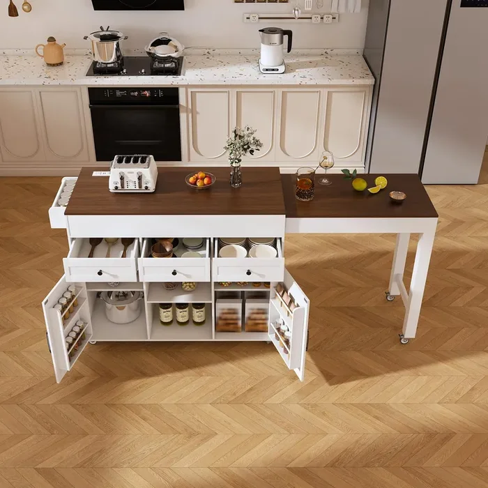 Ball & Cast 74.8″ Kitchen Island with Extendable Dining Table & Power Outlet,Rolling Storage Cart on Wheels with 3 Drawers & 2 Door,Rolling Bar Table Cabinet for Dining Room,White