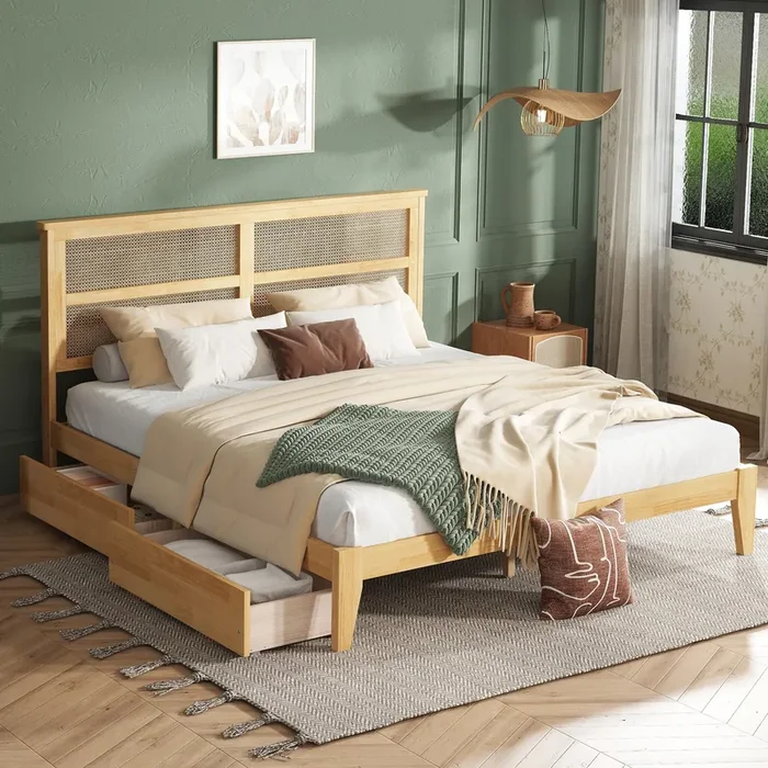 Ball & Cast King Size Platform Bed Frame with Two Storage Drawers,Rattan Headboard and Support Salts & Feet,Rubber Wood Bed with Underbed Storage Space,for Bedroom,Guest Room,Living Room,White Oak