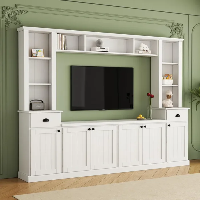 Ball & Cast TV Stand with Cabinets for TVs up to 75″,Wall Unit Entertainment Center with Storage and Open Shelves,Modern Media TV Console with 2 Drawers for Living Room,White