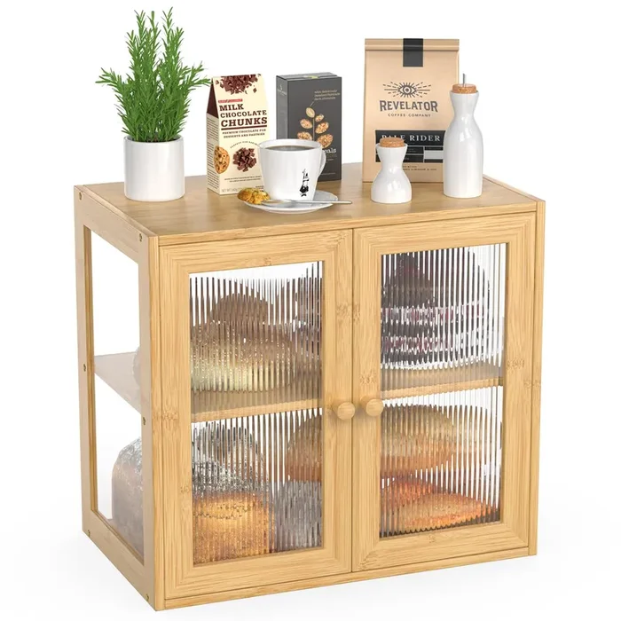 BAMBANG Double Layer Bamboo Bread Box for Kitchen Counter, Bread Bin Farmhouse Large Bread Box with 2 Doors, Wooden Breadbox Bread Storage Container Holder for Homemade Bread, Natural