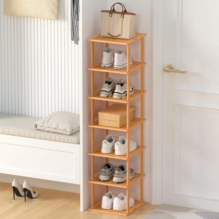 Bamboo Free Standing Shoe Rack Shelf Multi Tier Tall Wooden Stackable Shoes Rack Organizer for Closet Front Door Entrance Narrow Vertical Shoe Storage Rack for Corner Stand (Nature, 7 Tiers)