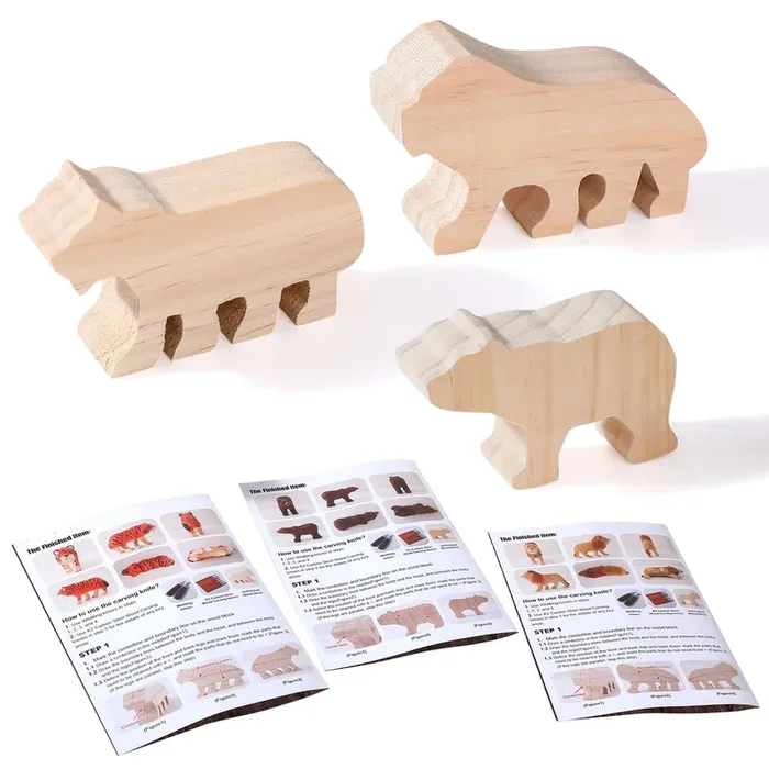 Basswood Carving Blocks,Whittling Wood Carving Blocks for Carving Wooden Tiger/Lion/Bear,Basswood Blocks for Wood Carving with Detail Instrutions,Unfinished Wood Blocks Set