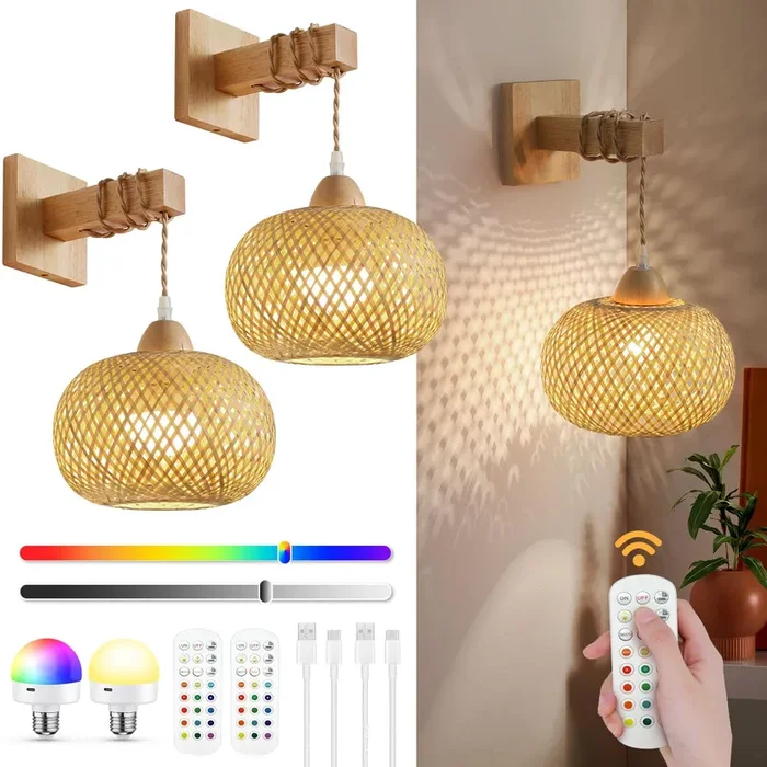 Battery Operated Wall Sconce Set of Two, Wireless Rechargeable Wall Lights, Rattan Wall Lamps with Remotes and Dimmable RGB LED Bulbs, Indoor Boho Wood Sconces Wall Decor for Bedroom Living Room