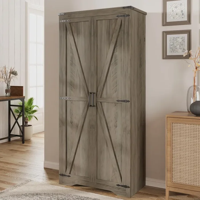Befrases Farmhouse Rustic Grey Storage Cabinet with Adjustable Shelves, Large Pantry Organize with 2 Barn Doors, Tall Freestanding Cabinet for Kitchen, Bathroom/Garage/Basement/Living/Utility Room