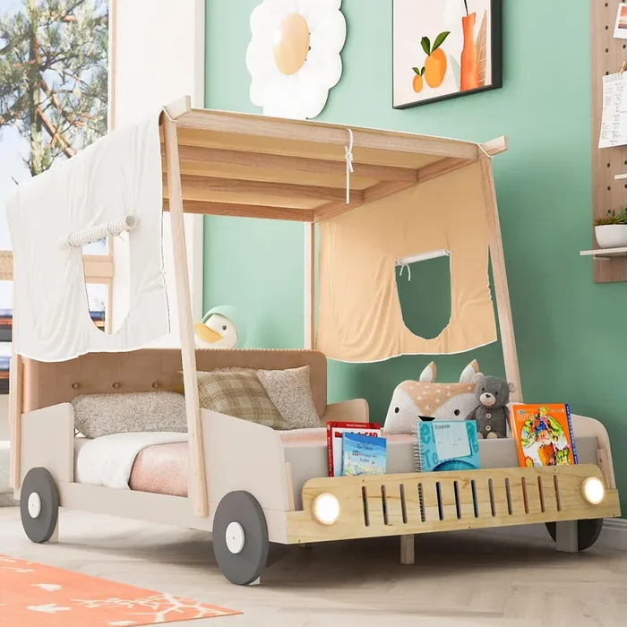 Bellemave Full Size LED Race Car Bed with Tufted Headboard and Imaginative Ceiling Cloth