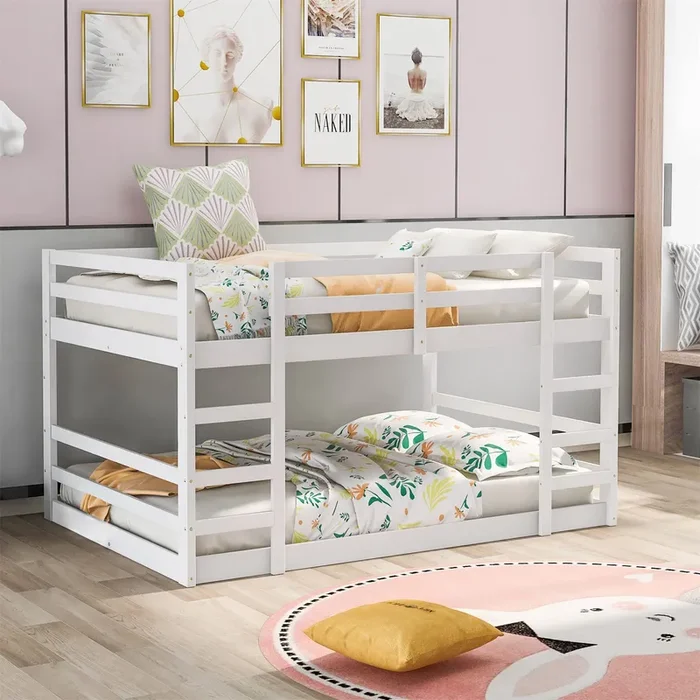 Bellemave Low Profile Full Over Full Bunk Bed Frame with Ladder for Kids and Teens, White