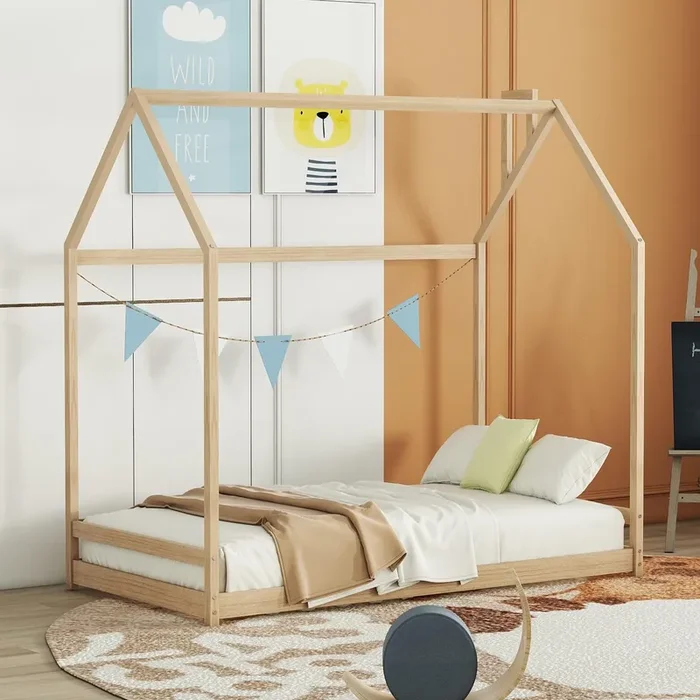 Bellemave Twin Montessori House Bed Frame for Toddlers – Natural Wood Floor Bed for Kids
