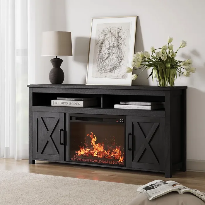 BELLEZE 58″ Farmhouse Fireplace TV Stand for TVs up to 65″, 23″ Electric Fireplace Heater with Sound, Entertainment Center Media Console Table Barn Door Storage Cabinets for Living Room – Rustic Grey