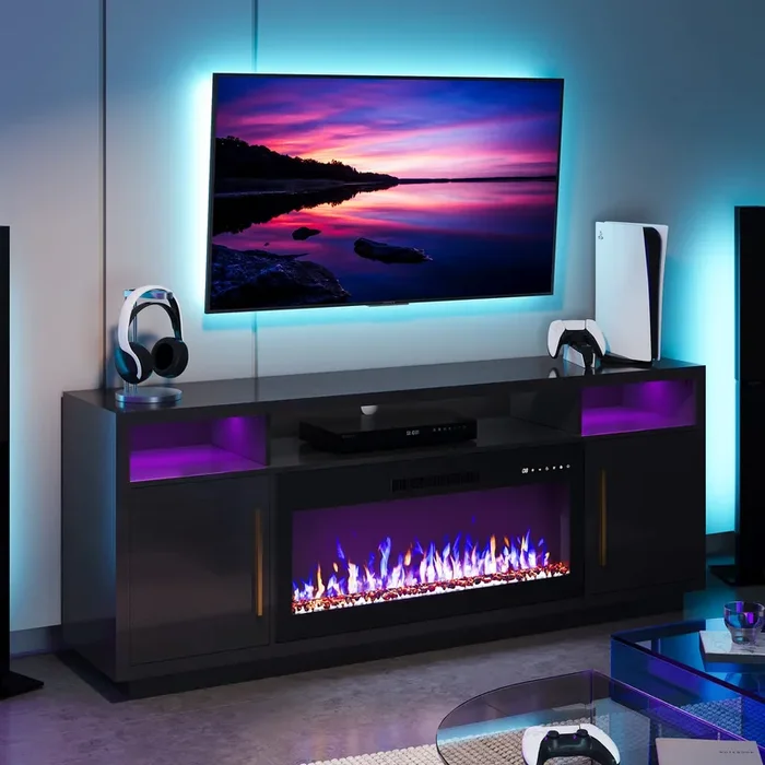 BELLEZE 70″ Fireplace TV Stand for TVs Up to 75″, LED Light Entertainment Center with 36″ Electric Fireplace Heater, Storage Cabinet, Media Console Table for Living Room – Avenue (Black)