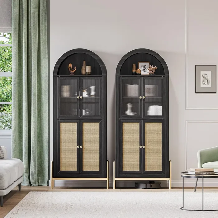 BELLEZE Set of 2 Storage Cabinet with Reeded Glass Doors, Arched Bookcase Decorated with Rattan Door, 65 Inch Freestanding Curio Cabinet for Home Living Room and Kitchen, Black