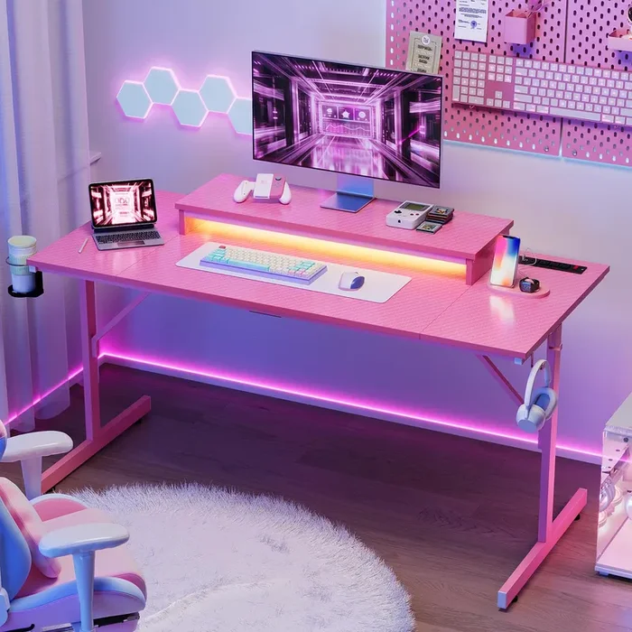 Bestier 52 Inch Gaming Desk with Power Outlets and USB Charging Ports, LED Small Computer Desk with Monitor Stand, Home Office Desk with Cup Holder & Headset Hooks, Desk for Office, Carbon Fiber Pink