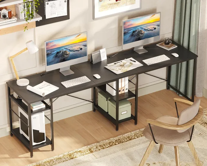 Bestier 95.2” L Shaped Desk, Reversible Corner Computer Desk or 2 Person Long Table with Adjustable Shelves, Large Writing Study Workstation with 3 Cable Holes – Black