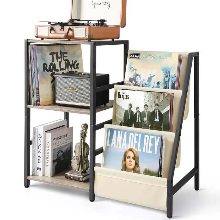 Bikoney Record Player Stand, Turntable Stand with 3-Tier Vinyl Record Storage, Record Player Table Up to 200 Albums, End Table for Records, Vinyl Record Holder Cabinet for Living Room White