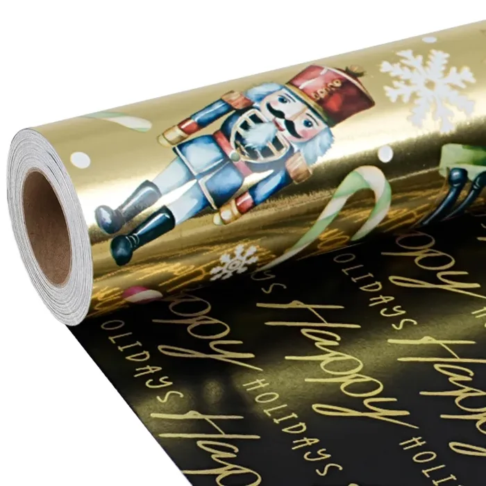 BIOBROWN Reversible Christmas Wrapping Paper, 17 Inch x 33 Feet (47 sq.ft), Nutcracker on Gold Foil with Happy Holidays Design, Holiday Gift Wrap for Christmas, Xmas Party Celebration