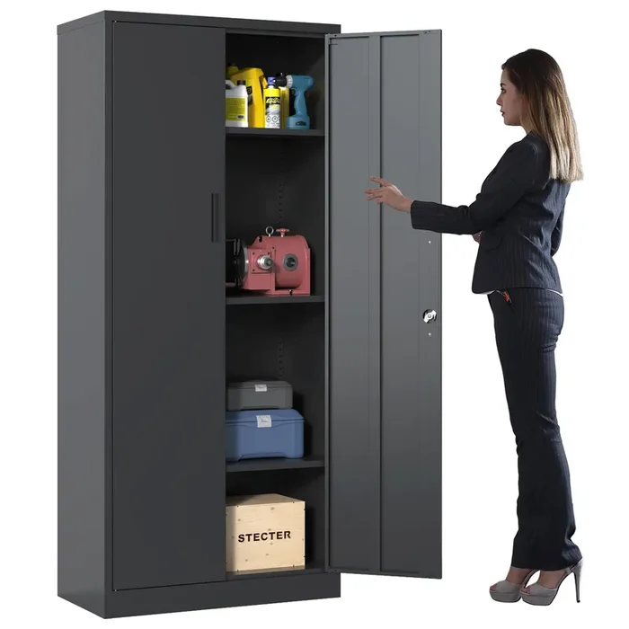 BIZOEIRON Metal Storage Cabinet with Adjustable Shelves, Garage Cabinet with 2 Lockable Doors for Office, Home, Garage, Require Assembly, Black
