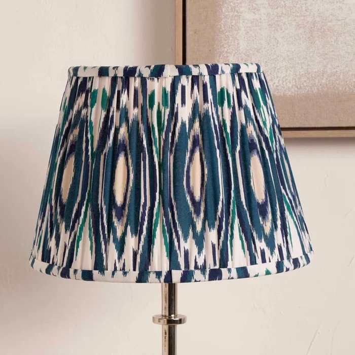 Blue Ikat Patterned Pleated Tapered Shade For Table Lamps
