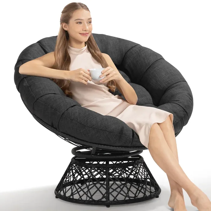Bme 40″ Ergonomic Wicker Papasan Chair with Soft Thick Cushion & Frame, 360° Swivel Papasan Chair, Circle Chair, Reading Chair, Comfy Chair for Living Room, Bedroom, Onyx Stone – Black Base