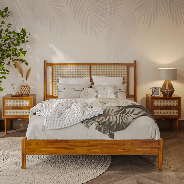Bme Oliver Headboard Queen Size Bed Frame – 15-Inch Signature Design with Rattan Headboard, Bohemian and Mid Century Style, 12-Slat Wood Support, No Box Spring Needed – Easy Assembly, Caramel