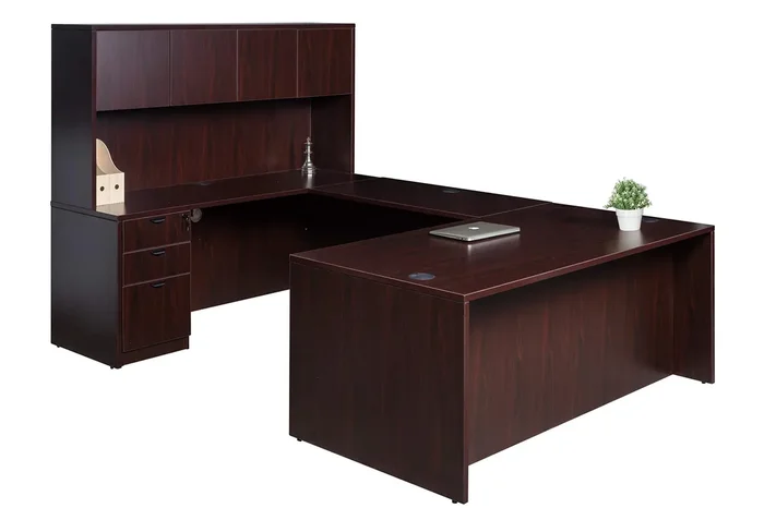 Boss Office Products Holland Series 71″ Executive U-Shape Desk with Pedestal File Storage and Hutch, Mahogany
