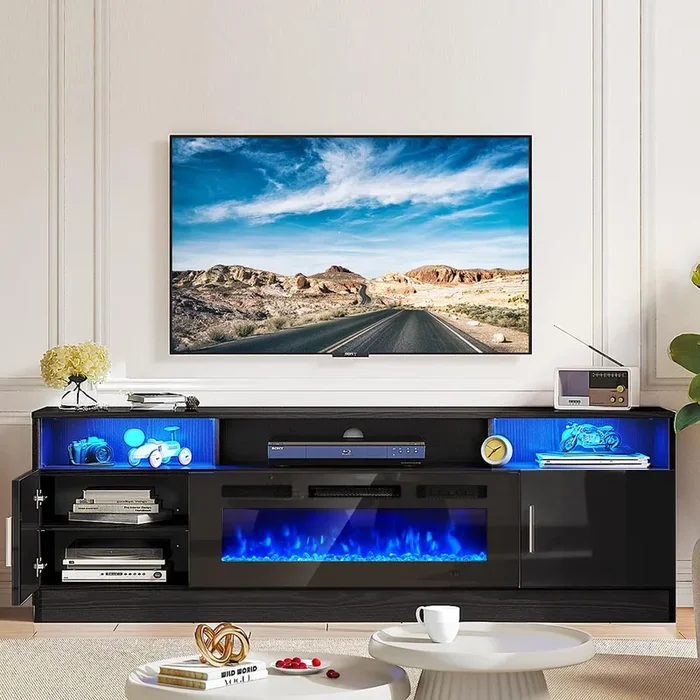 Breezestival 70″ Fireplace TV Stand with Two Hinged Doors for TVs UP to 80″, Electric Fireplace Entertainment Center with LED Lights & Storage Cabinets, TV Console for Living Room, Black
